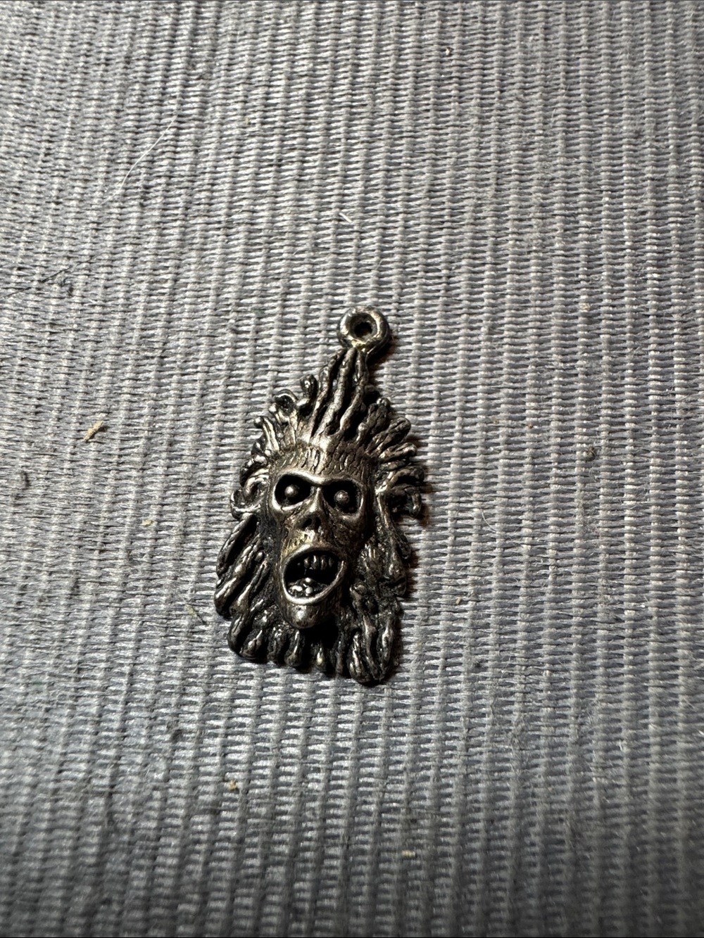 Vintage Source Unknown Antiqued Silver Tribal Skull Pendant Charm